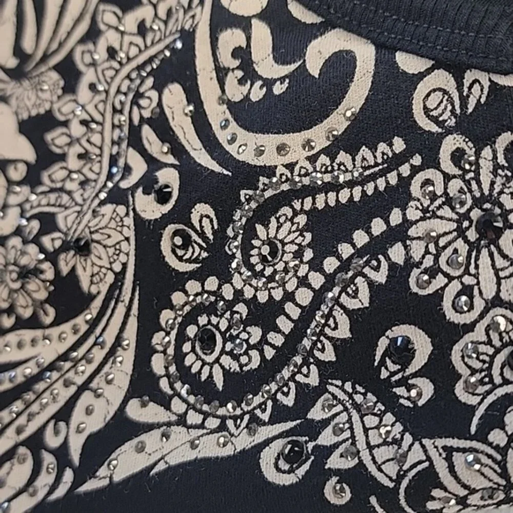 VOCAL Black Ivory Rhinestone Paisley Floral Skull‎ Graphic Biker Punk Tank Top L - Picture 4 of 8